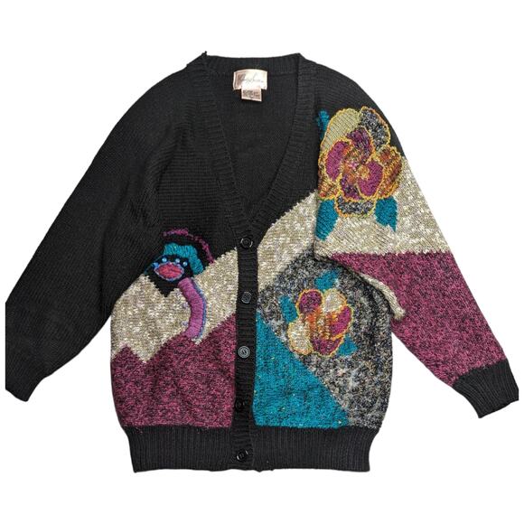 Vtg 1990s Jaclyn Smith Black Purple Floral Intarsia Knit Embellished Cardigan M - Picture 1 of 4